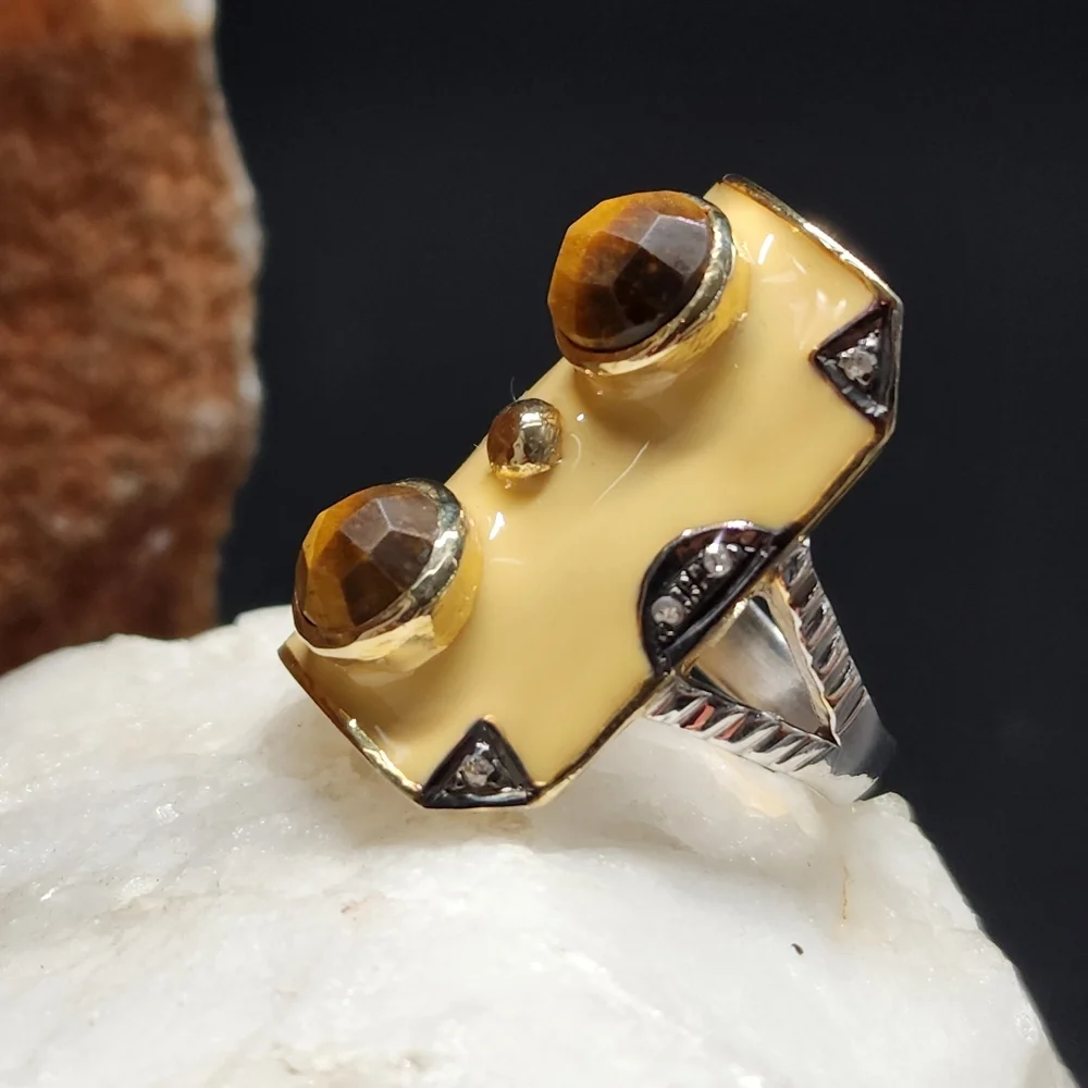 Solid Sterling Silver 925/18k Gold Massive Ring Raw Diamond/Tiger Eye Stone